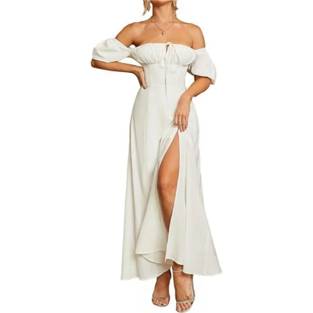 Women's Puff Sleeve Floral Maxi Dress - Backless, Off Shoulder, High Waist - Picture 3 of 5